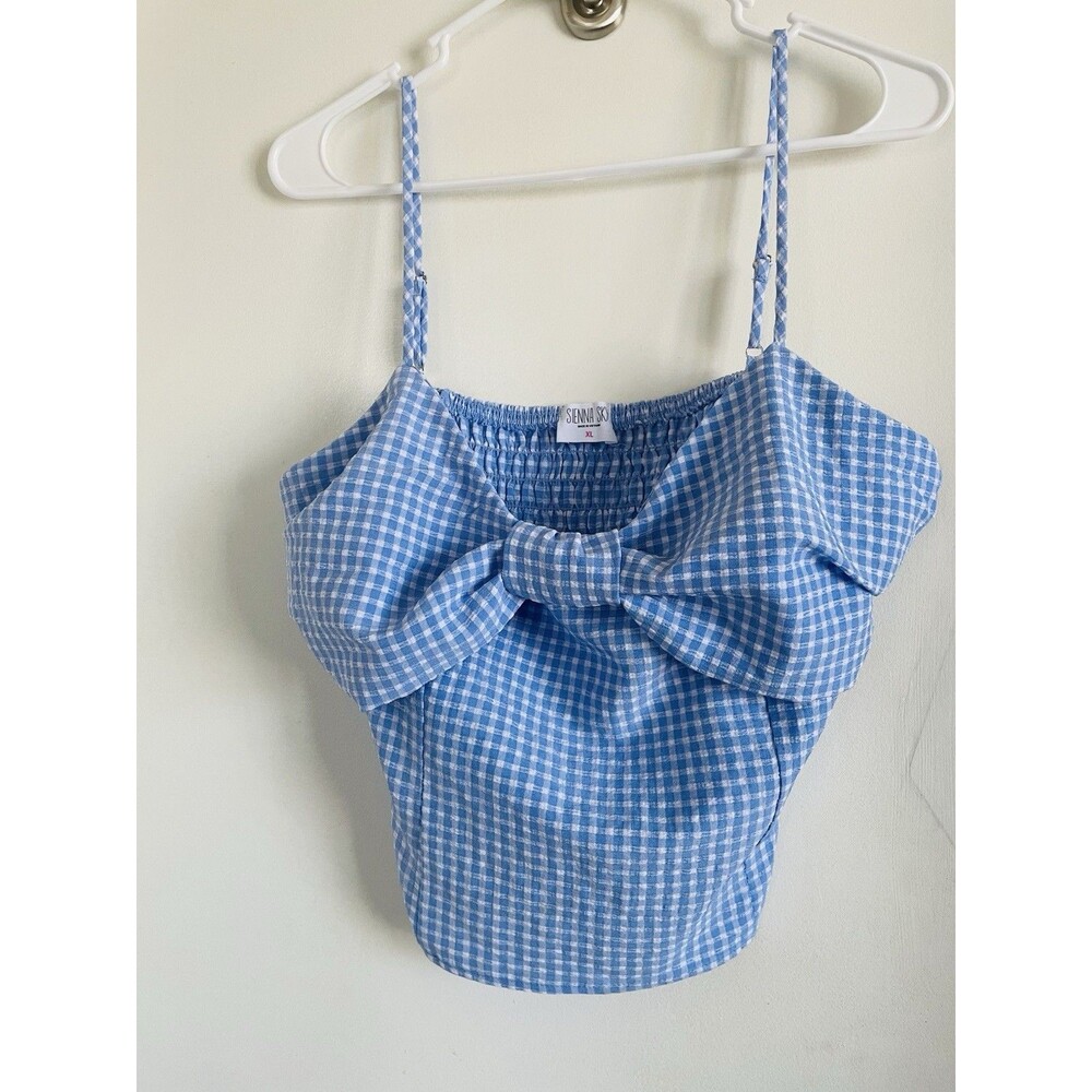 Sienna Sky Women's XL Blue White Gingham Smocked Bow Square Neck Crop Tank